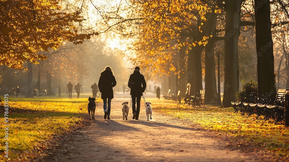 A serene autumn scene of two people walking with dogs through a park, surrounded by vibrant foliage and soft sunlight. A serene autumn scene of two people walking with dogs through a park, surrounded by vibrant foliage and soft sunlight.