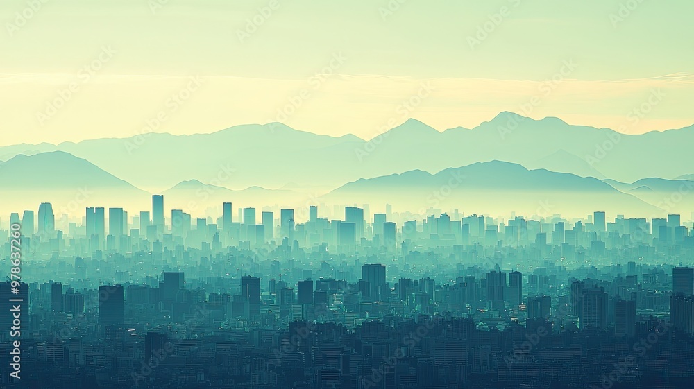 Obraz premium A serene cityscape at dusk, featuring silhouettes of buildings and mountains under a misty atmosphere, evoking tranquility.