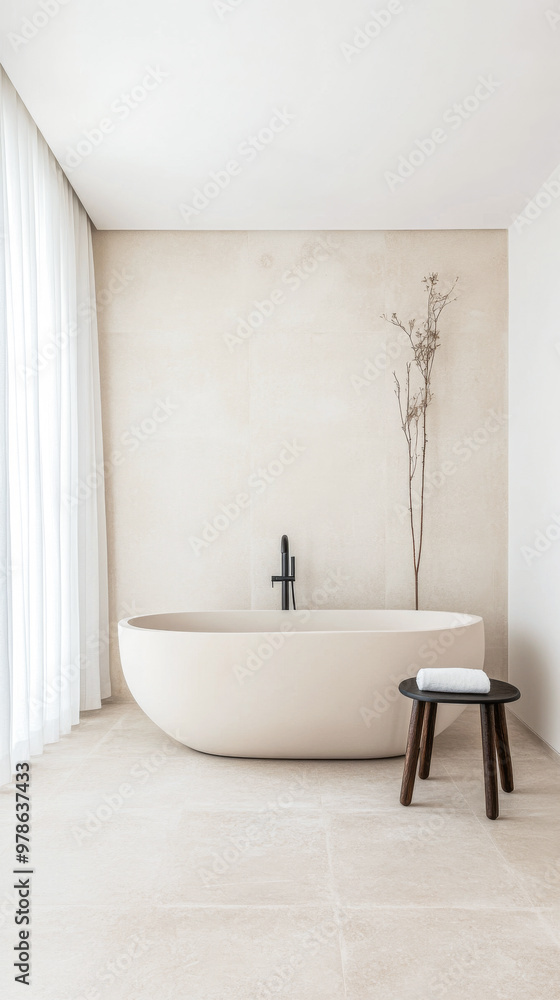 Modern minimalist bathroom featuring a freestanding tub and natural light in a serene setting Modern minimalist bathroom featuring a freestanding tub and natural light in a serene setting