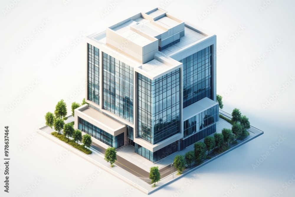 Modern office building with glass facade and landscaped surroundings. Modern office building with glass facade and landscaped surroundings.
