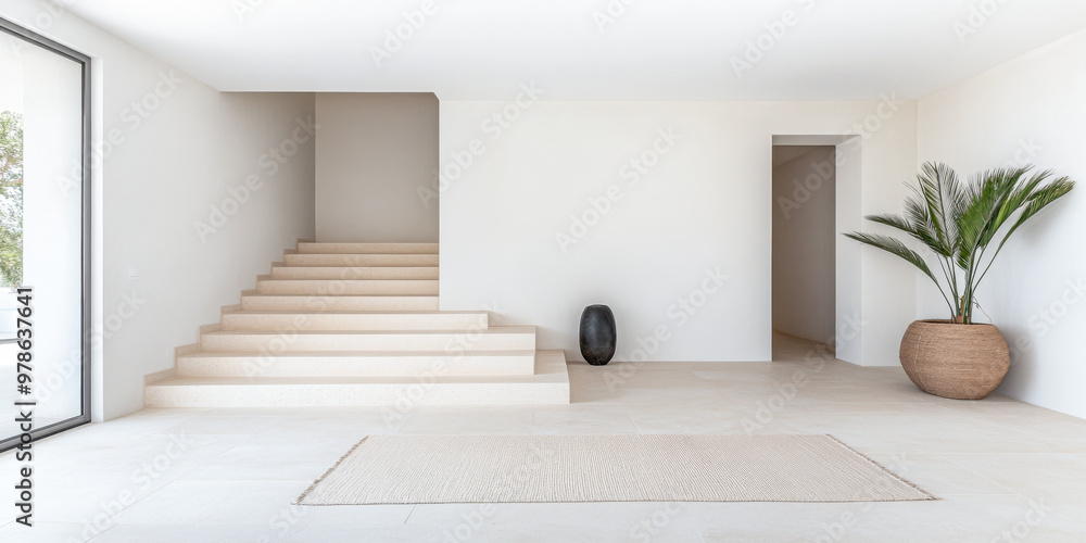 Fototapeta premium Minimalist interior design featuring a staircase and potted plant in a bright, open space during daylight hours