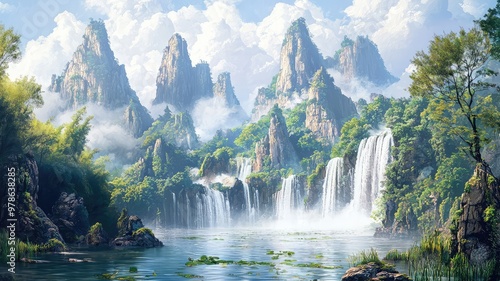 A serene landscape featuring majestic mountains, cascading waterfalls, and lush greenery under a bright blue sky.