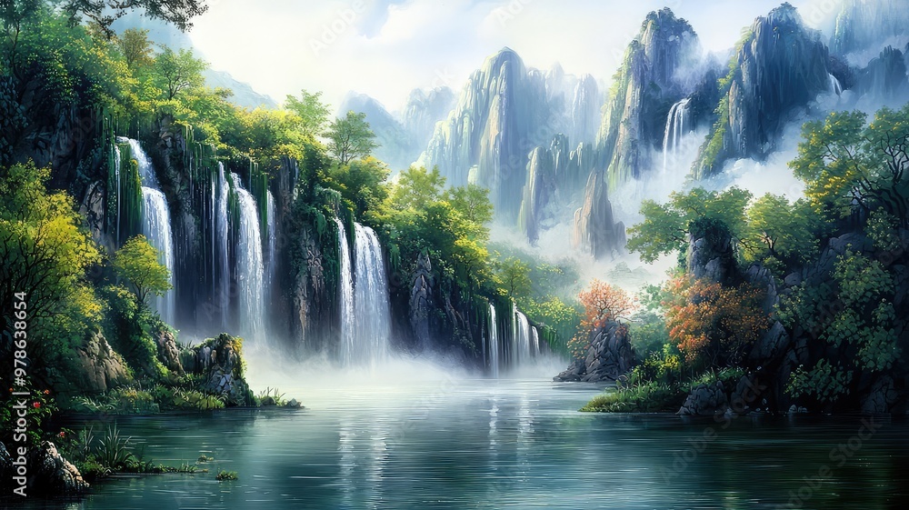 Fototapeta premium A serene landscape featuring majestic waterfalls cascading into a tranquil lake surrounded by lush greenery and vibrant nature.