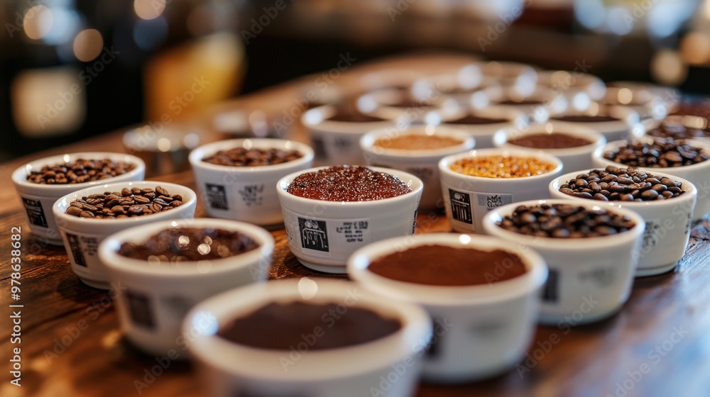 A coffee tasting session with a variety of coffee cups, each labeled with their origin and flavor notes A coffee tasting session with a variety of coffee cups, each labeled with their origin and flavor notes