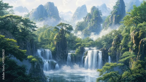A serene landscape featuring majestic waterfalls surrounded by lush greenery and distant mountains under a misty sky.