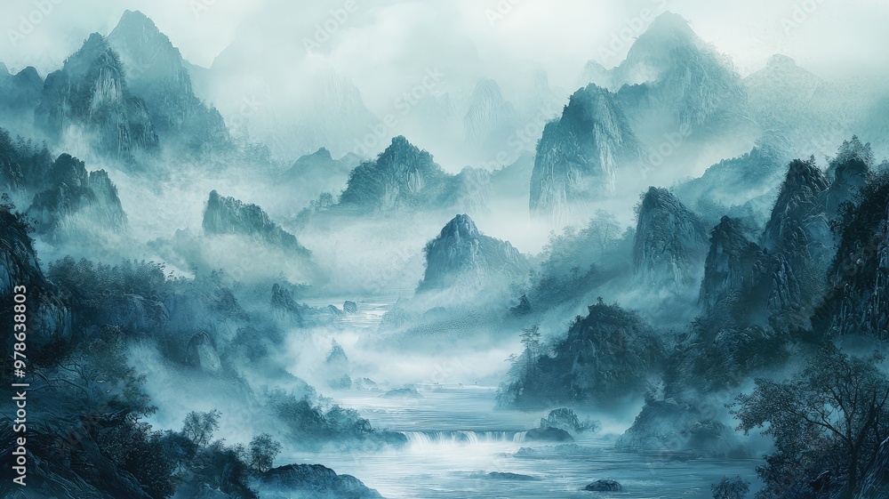 A serene landscape featuring misty mountains, tranquil river, and ethereal atmosphere, perfect for a calming backdrop. A serene landscape featuring misty mountains, tranquil river, and ethereal atmosphere, perfect for a calming backdrop.