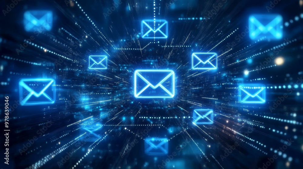 Digital Mailbox Network Abstract Blue Email Icons in Cyber Space Digital Mailbox Network Abstract Blue Email Icons in Cyber Space