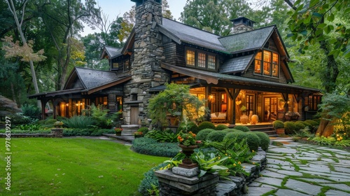 Craftsman-style house with a stone chimney and lush landscaping