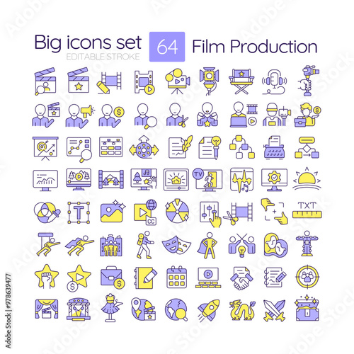 Film production RGB color icons set. Movie making, cinematography. Script writing, storytelling. Isolated vector illustrations. Simple filled line drawings collection. Editable stroke