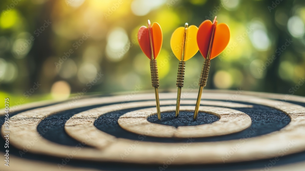 Three Darts Hitting Bullseye on Target Board in Nature Three Darts Hitting Bullseye on Target Board in Nature