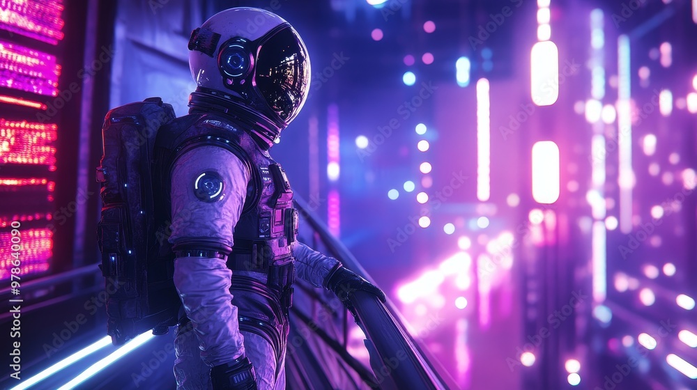 Cyberpunk Astronaut on Futuristic Bridge with Neon Lights Illuminating Night Sky Cyberpunk Astronaut on Futuristic Bridge with Neon Lights Illuminating Night Sky