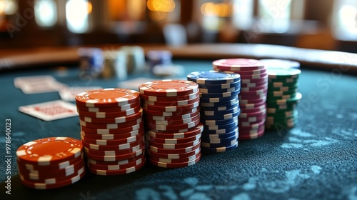 Casino Poker Chips Stacked on Green Felt Table