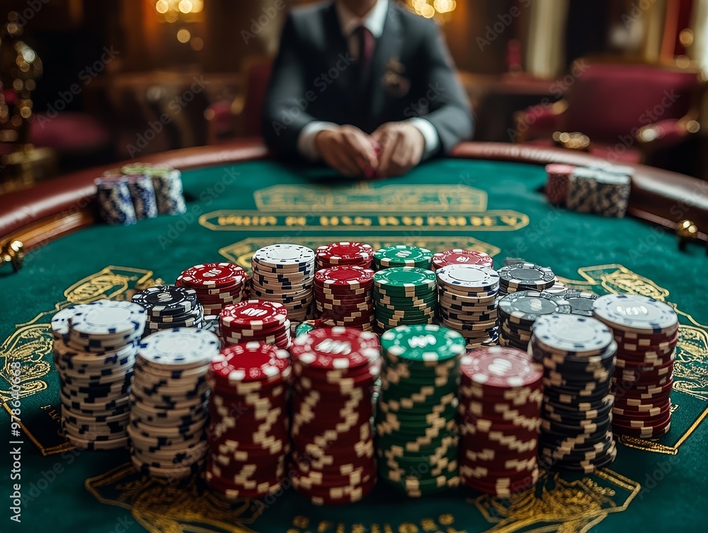 Casino Poker Chips Stacks on Green Felt Table Casino Poker Chips Stacks on Green Felt Table