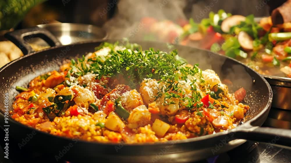 Delicious vegetable paella being expertly prepared in a kitchen with fresh herbs and vibrant ingredients Delicious vegetable paella being expertly prepared in a kitchen with fresh herbs and vibrant ingredients