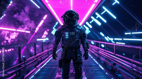 Astronaut in Cyberpunk Suit Standing on Futuristic Bridge with Neon Lights Background