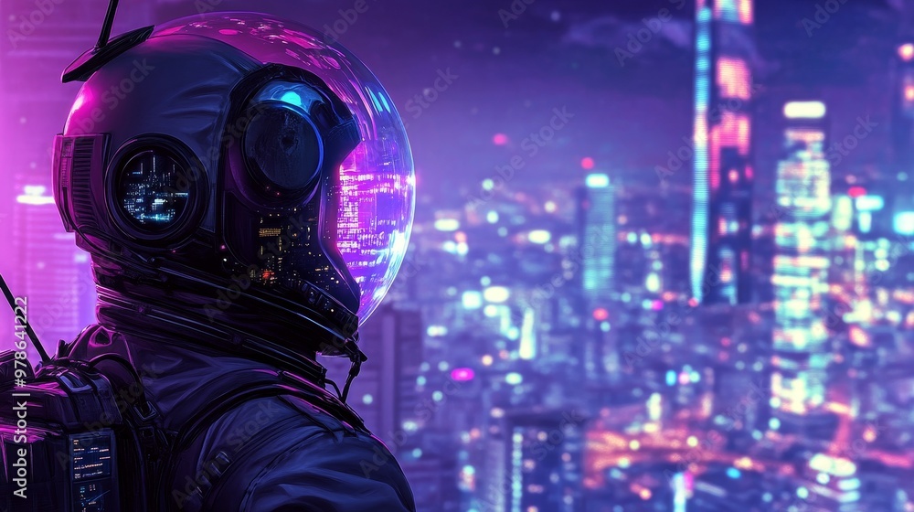 Futuristic Astronaut in Cyberpunk Cityscape - Neon-lit Skylines Reflecting in Helmet Visor, Realistic Sci-Fi Exploration Concept Futuristic Astronaut in Cyberpunk Cityscape - Neon-lit Skylines Reflecting in Helmet Visor, Realistic Sci-Fi Exploration Concept