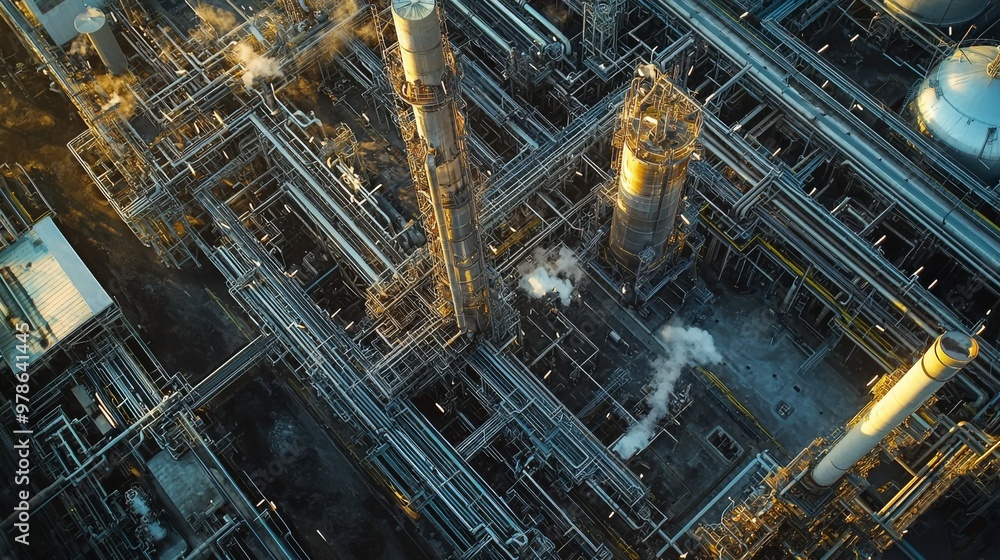 Aerial view of an oil refinery integrated with green hydrogen production facilities, sleek new technology blending with the traditional structures of the oil industry. Aerial view of an oil refinery integrated with green hydrogen production facilities, sleek new technology blending with the traditional structures of the oil industry.