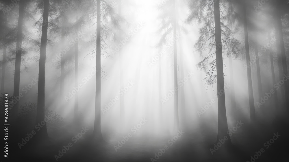 Obraz premium Misty Forest Path with Sunlight Beams Through Trees