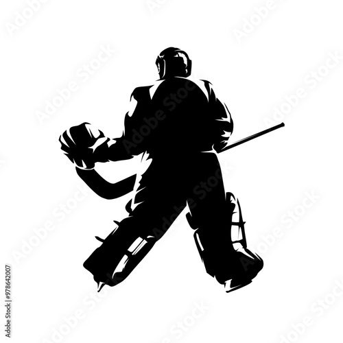 Ice hockey goalie, rear view, isolated vector silhouette