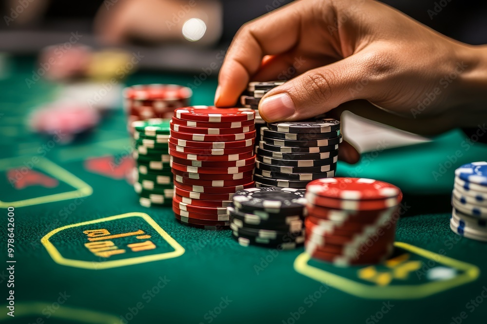Casino Poker Chips Stacks on Green Felt Table Casino Poker Chips Stacks on Green Felt Table