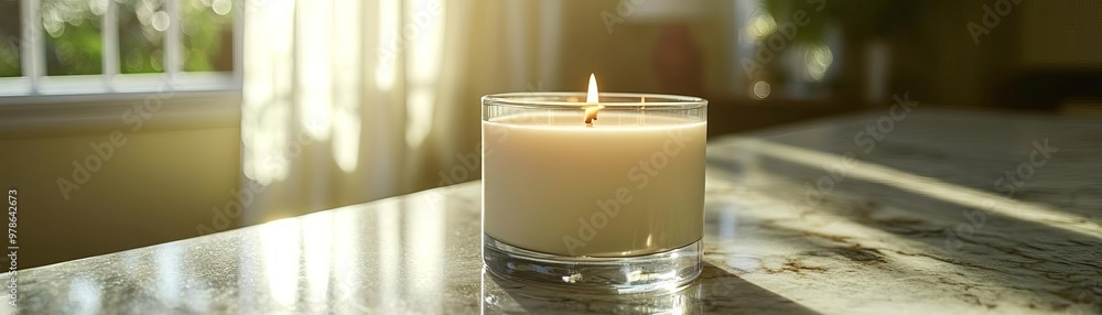 Wide-angle view of a luxurious scented candle on a marble countertop Wide-angle view of a luxurious scented candle on a marble countertop