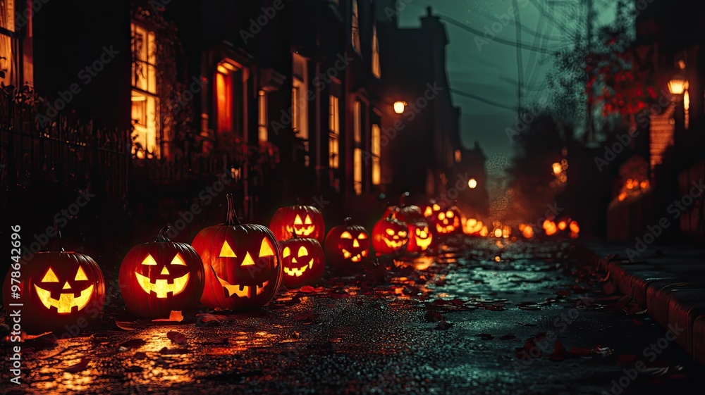 A spooky street illuminated by glowing jack-o'-lanterns creates a perfect Halloween atmosphere, enhancing the eerie charm of the night. A spooky street illuminated by glowing jack-o'-lanterns creates a perfect Halloween atmosphere, enhancing the eerie charm of the night.