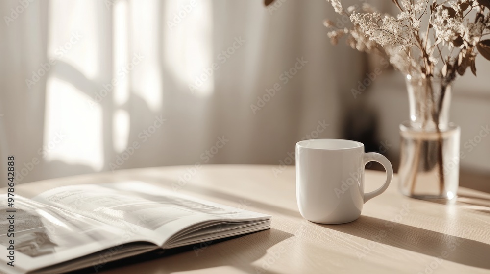 A minimalistic coffee table setup with a white cup and a designer magazine, soft natural lighting