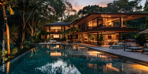 Modern Luxury Villa with Swimming Pool and Tropical Garden at Dusk