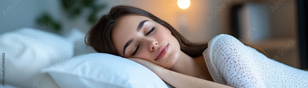 Beautiful Woman Sleeping Peacefully in Bed with White Pillows Beautiful Woman Sleeping Peacefully in Bed with White Pillows