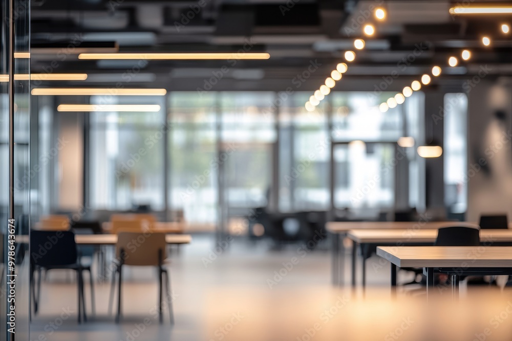 Modern office interior with tables and chairs, emphasizing workspace design. Modern office interior with tables and chairs, emphasizing workspace design.