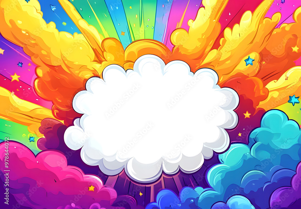 Colorful Cartoon Cloud Frame with Rainbow Explosion and Stars for Fun Design Projects Colorful Cartoon Cloud Frame with Rainbow Explosion and Stars for Fun Design Projects