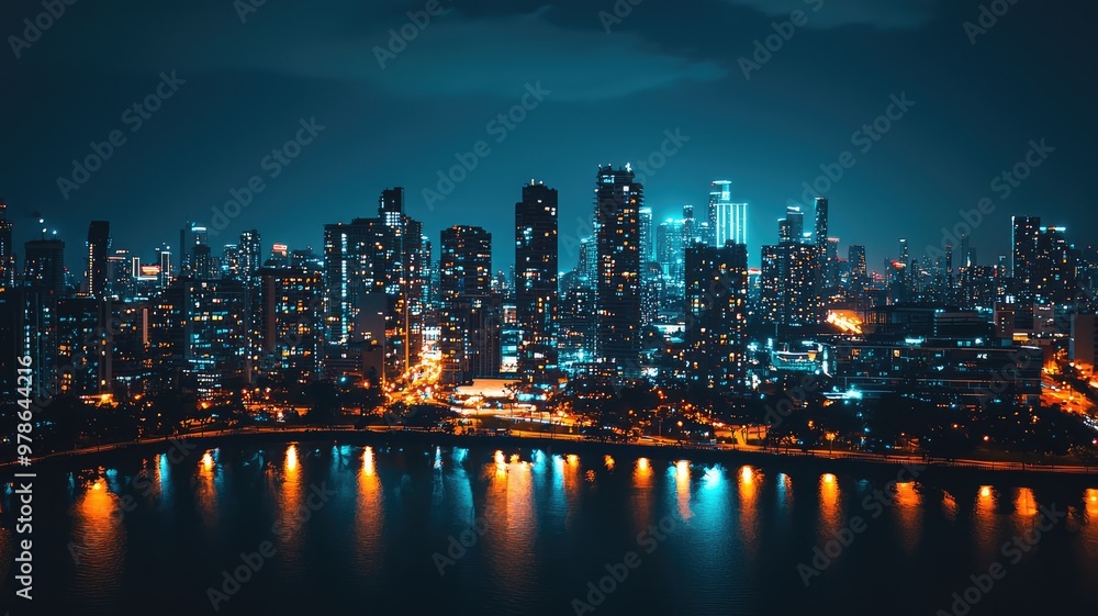 Fototapeta premium A stunning urban skyline at night, featuring illuminated buildings reflecting on the serene water, creating a vibrant cityscape.