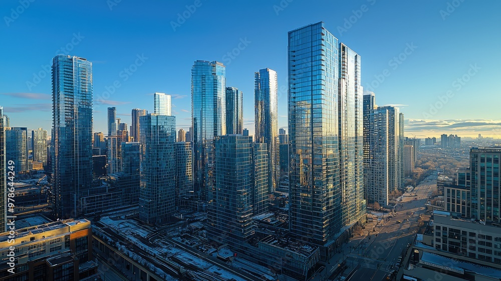 Fototapeta premium A stunning urban skyline featuring modern skyscrapers under a clear blue sky, showcasing architectural beauty and urban life.