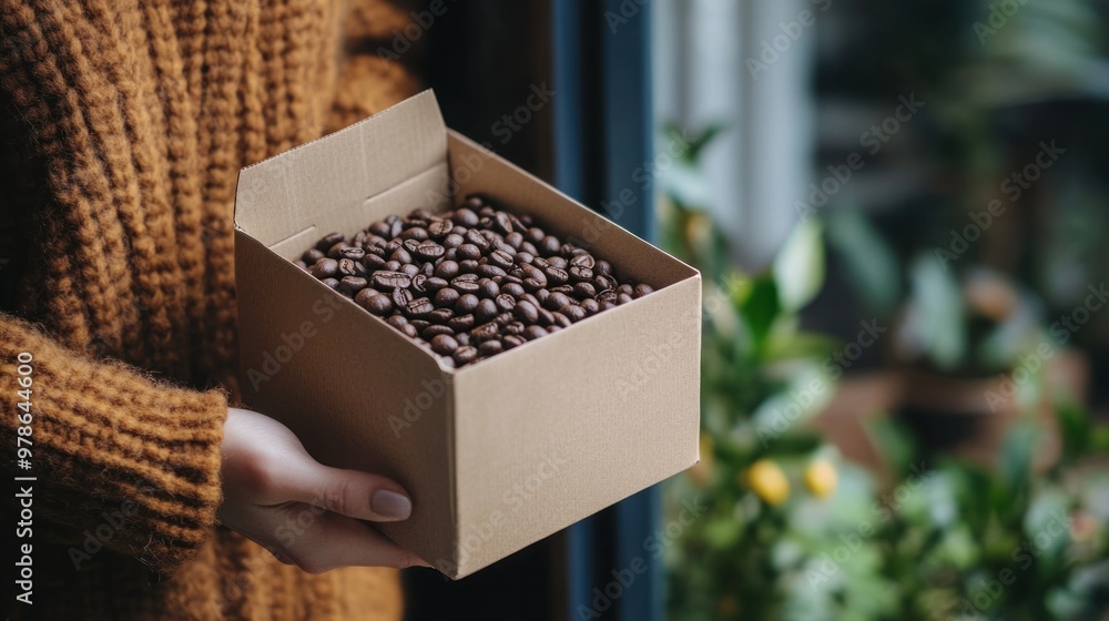 A person receiving a coffee subscription package at their doorstep, opening it to reveal fresh coffee beans A person receiving a coffee subscription package at their doorstep, opening it to reveal fresh coffee beans
