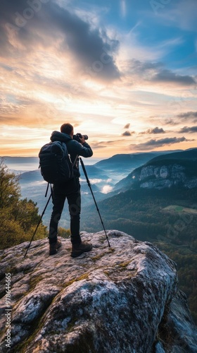 Engaged photographer capturing stunning landscapes outdoors professional camera natural beauty wide-angle shot