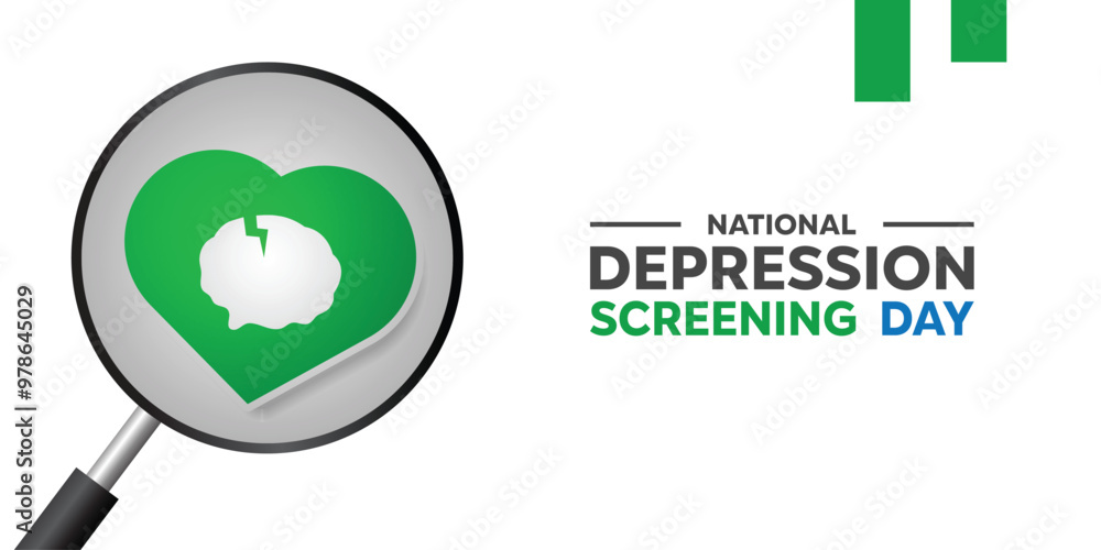 National Depression Screening Day. Magnifying glass, brain and heart. Great for cards, banners, posters, social media and more. White background. National Depression Screening Day. Magnifying glass, brain and heart. Great for cards, banners, posters, social media and more. White background.