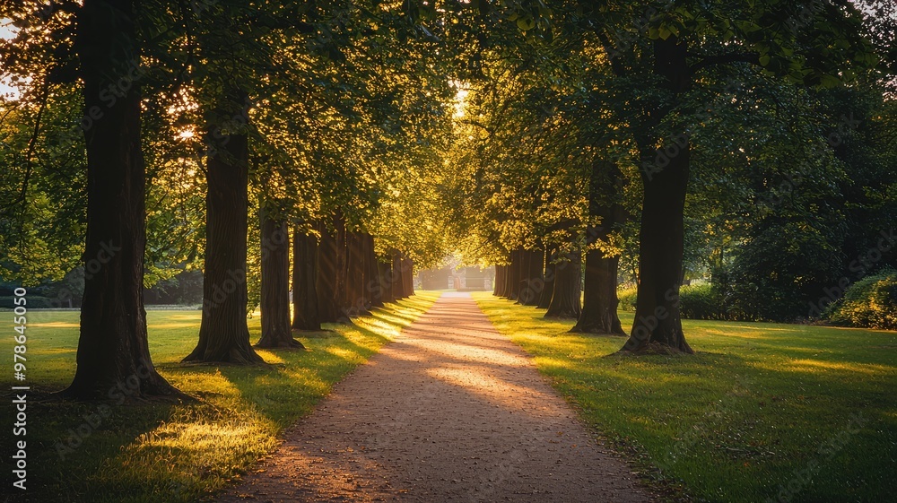 Naklejka premium A tranquil pathway lined with trees, illuminated by golden sunlight, inviting a peaceful stroll through nature's beauty.