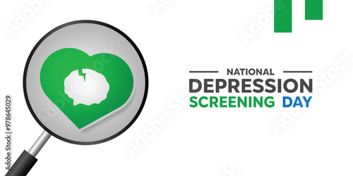 National Depression Screening Day. Magnifying glass, brain and heart. Great for cards, banners, posters, social media and more. White background.