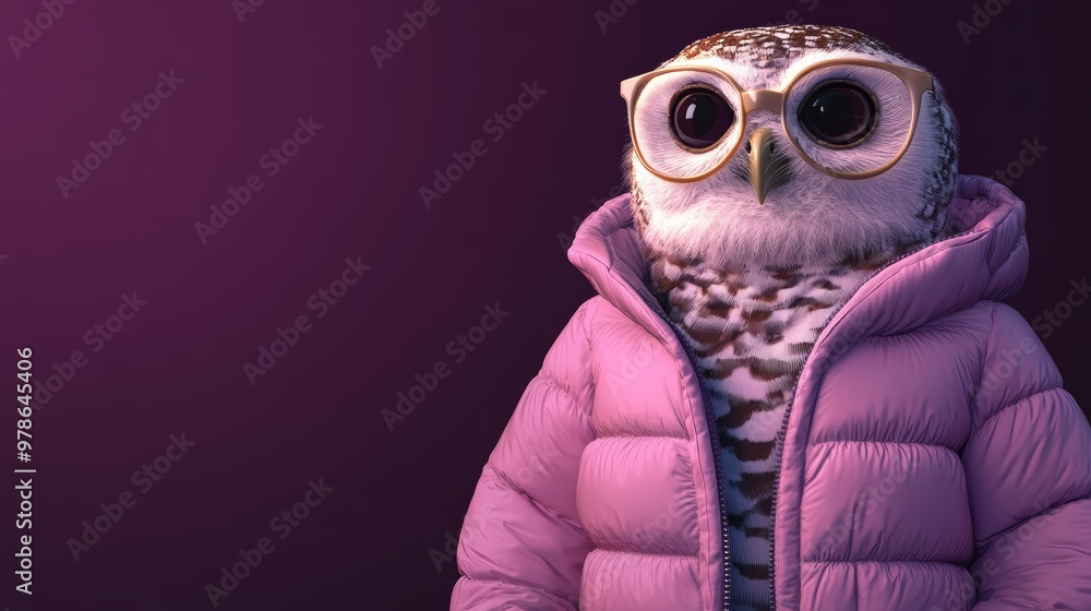 Fototapeta premium Owl In Pink Puffer Jacket With Glasses On Purple Background