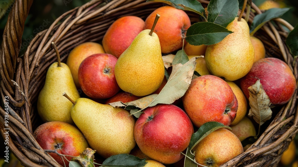 A vibrant basket filled with fresh apples and pears, showcasing the bounty of nature. Perfect for seasonal and healthy food themes. A vibrant basket filled with fresh apples and pears, showcasing the bounty of nature. Perfect for seasonal and healthy food themes.