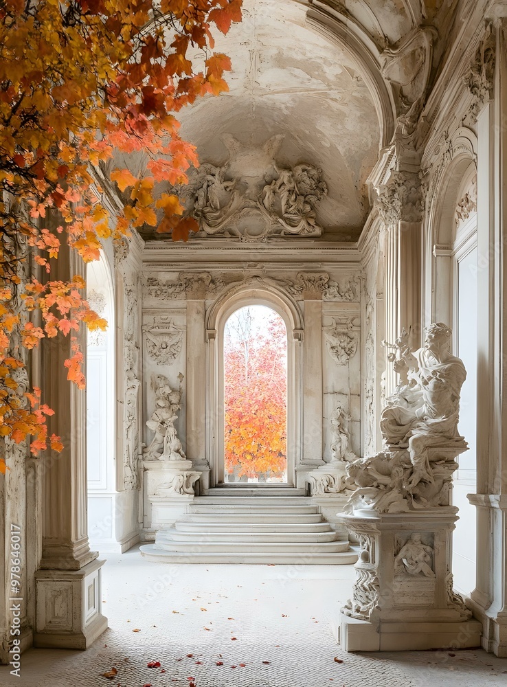 Autumn Leaves Through an Ornate Window of a Historic Building Autumn Leaves Through an Ornate Window of a Historic Building