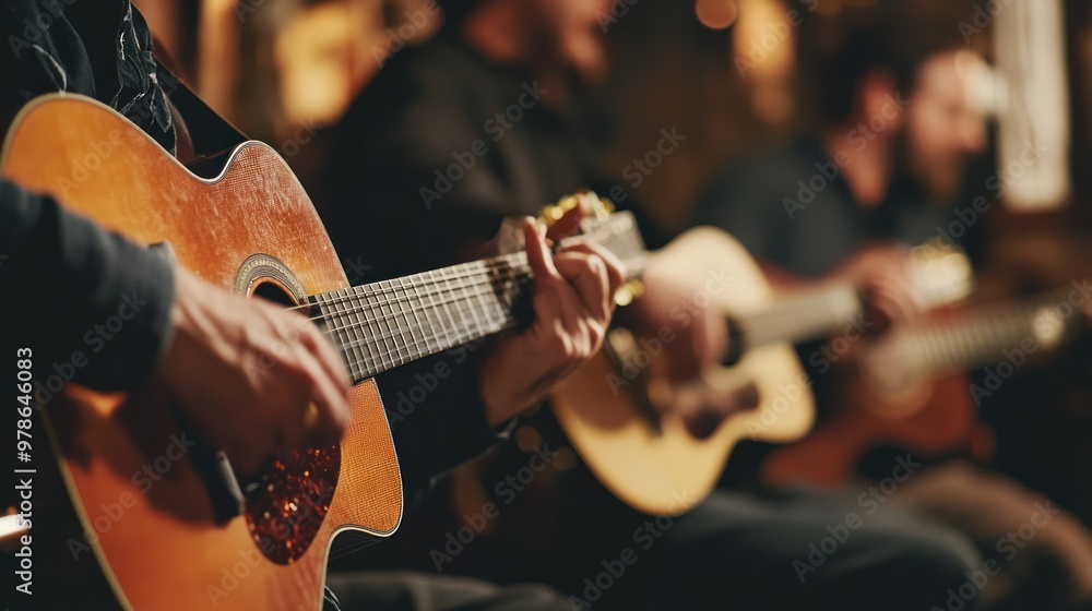 Fototapeta premium A small group of musicians jamming in an informal instrumental guitar session,