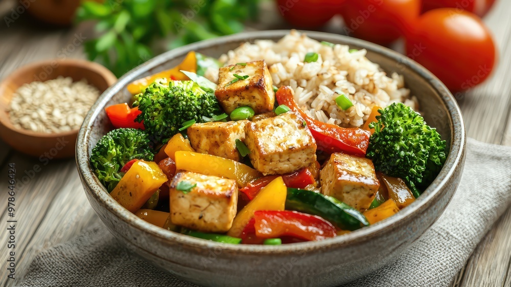 A vibrant bowl of tofu stir-fry with colorful vegetables and rice, showcasing a healthy and delicious meal option. A vibrant bowl of tofu stir-fry with colorful vegetables and rice, showcasing a healthy and delicious meal option.