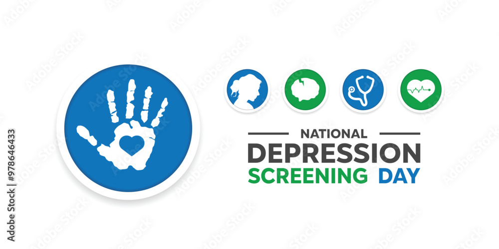 National Depression Screening Day. Hand, heart, women, brain, stethoscope and heart. Great for cards, banners, posters, social media and more. White background.
National Depression Screening Day. Hand, heart, women, brain, stethoscope and heart. Great for cards, banners, posters, social media and more. White background.