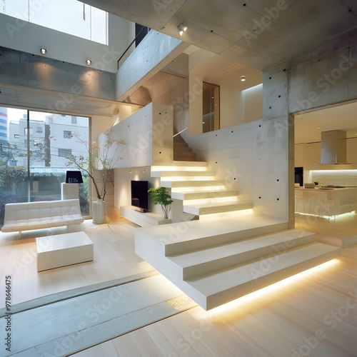 Modern Concrete House Interior With Stairs and Wooden Floor photo