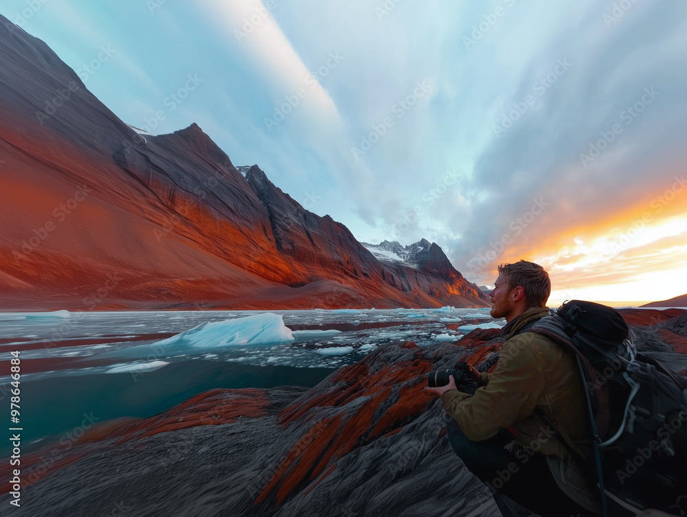 Fototapeta premium A solo traveler stands close to the camera, face visible, trekking across Greenland’s icy terrain. Snow-capped peaks, glowing sunset, and icy waters create a serene, untouched landscape.