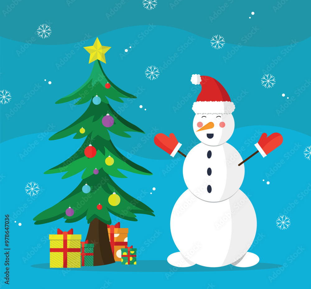 The snowman enjoys the Christmas presents under the tree. Merry Christmas and Happy New Year. The snowman enjoys the Christmas presents under the tree. Merry Christmas and Happy New Year.