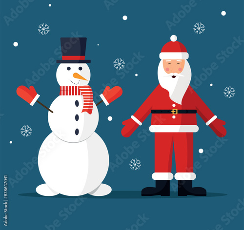 Snowman and Santa Claus. Winter characters from fairy tales. Merry Christmas and Happy New Year.
