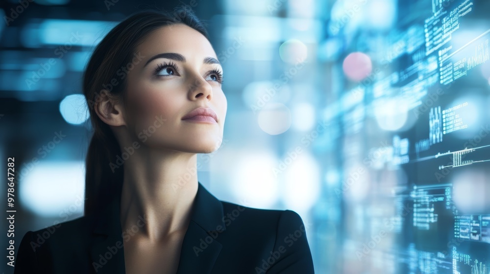 Businesswoman Looking Up at Data Visualization Businesswoman Looking Up at Data Visualization