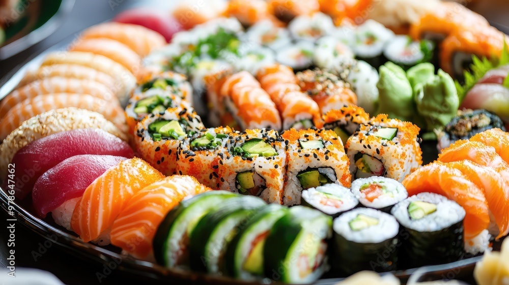 A vibrant platter of assorted sushi, showcasing a colorful variety of rolls, sashimi, and garnishes, perfect for any food lover. A vibrant platter of assorted sushi, showcasing a colorful variety of rolls, sashimi, and garnishes, perfect for any food lover.